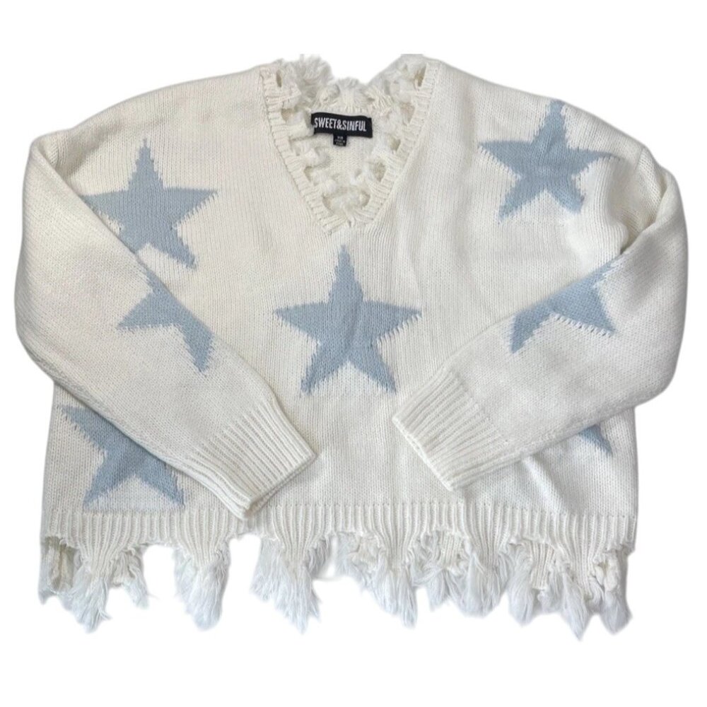 Sweet & Sinful Cropped Sweater Womens XS Off White Fringe Stars Hippie Boho Y2K